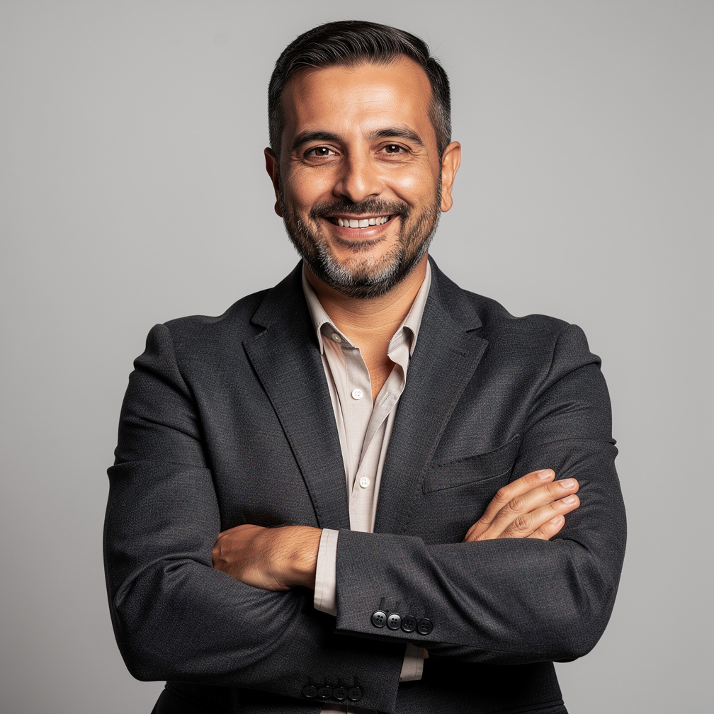 Turkish man editor smiling in modern office