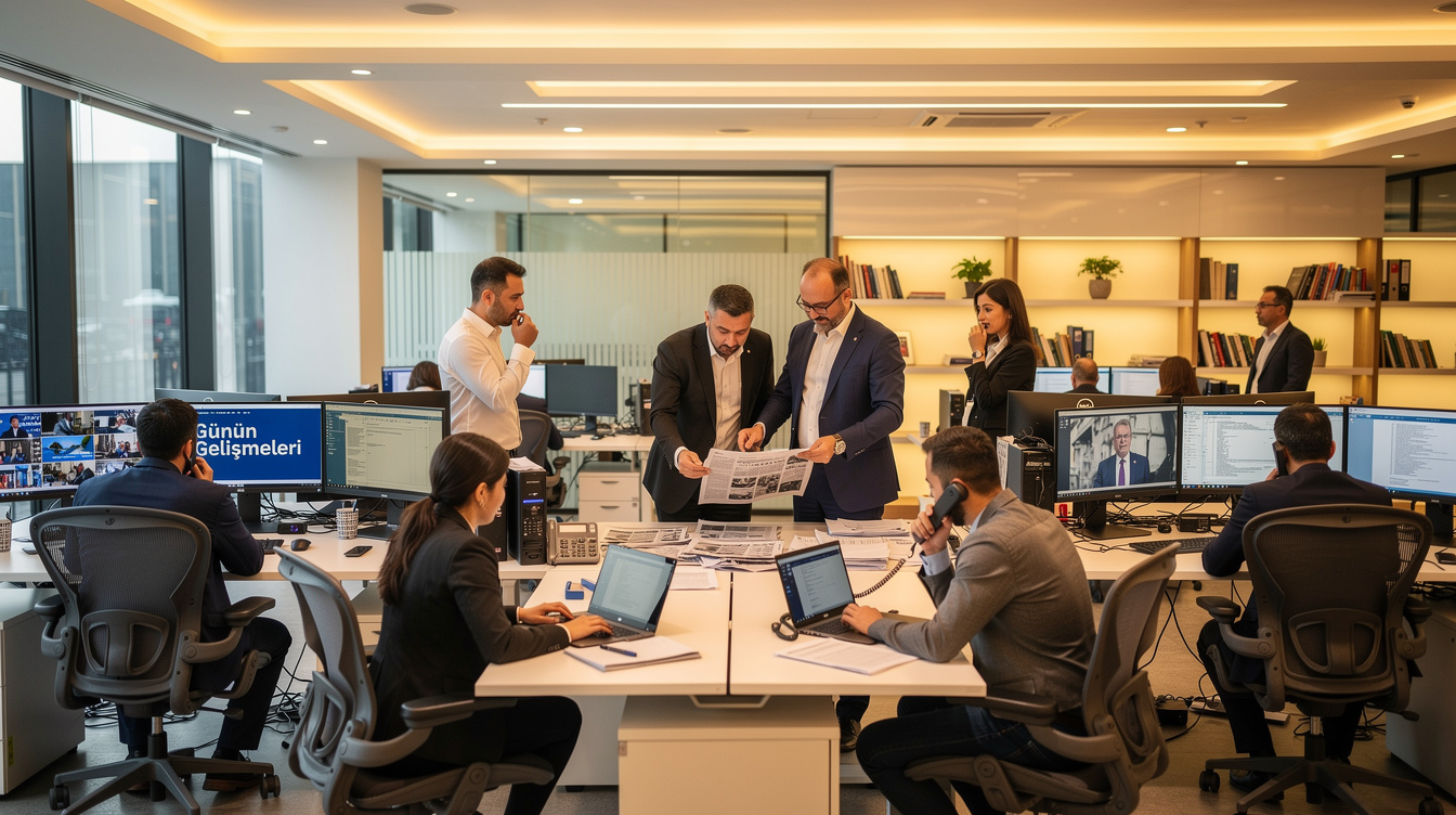 Journalists working at desks in a busy newsroom