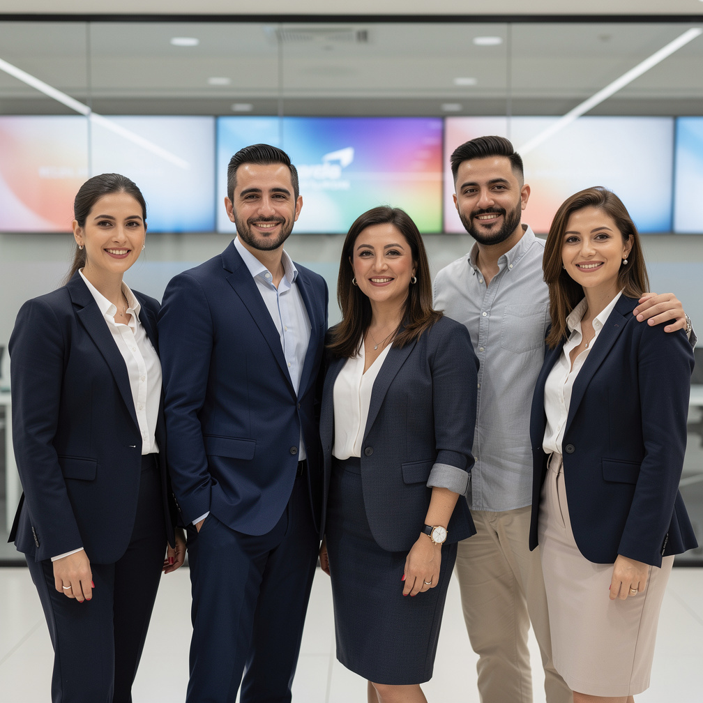 Team of Turkish journalists standing together in office